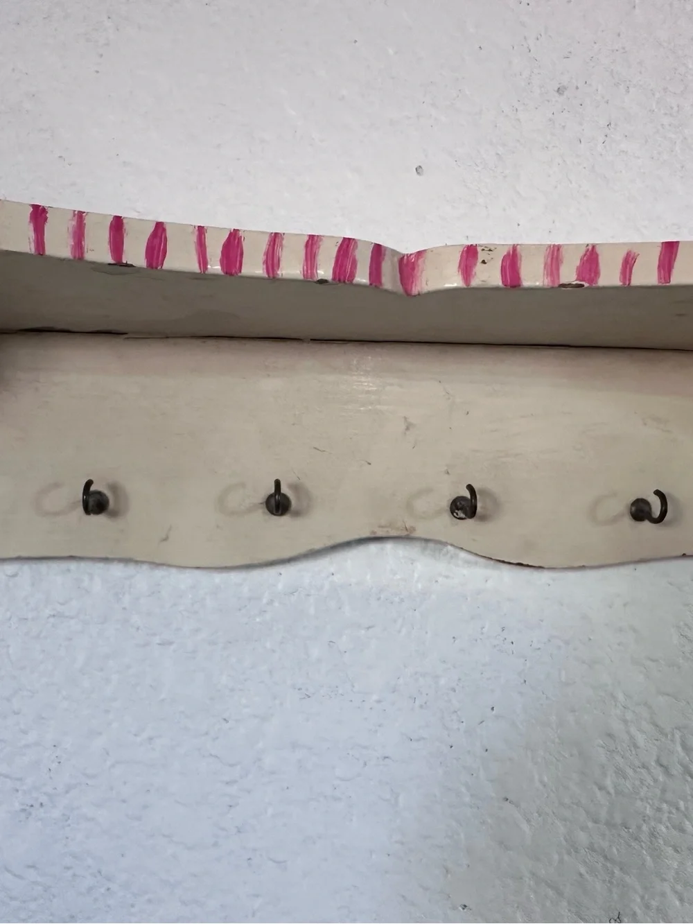 VTG Cream and Pink Chippy Striped Wall Shelf w/Small Hooks. 15